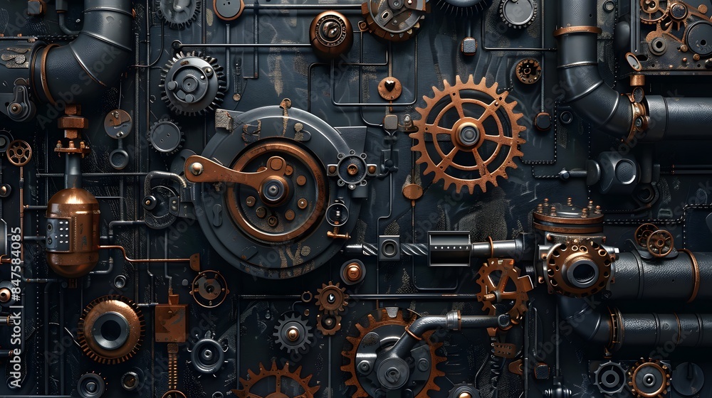 A black background with various mechanical parts such as gears, cogs and pipes. This creates an industrial-themed wallpaper that adds depth to any space. A black background with various mechanical parts such as gears, cogs and pipes. This creates an industrial-themed wallpaper that adds depth to any space.