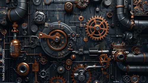 A black background with various mechanical parts such as gears, cogs and pipes. This creates an industrial-themed wallpaper that adds depth to any space. © horizon