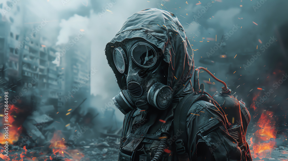 A lone figure in a gas mask stands amidst a post-apocalyptic cityscape. The sky is filled with smoke and debris, while flames flicker in the distance. A lone figure in a gas mask stands amidst a post-apocalyptic cityscape. The sky is filled with smoke and debris, while flames flicker in the distance.
