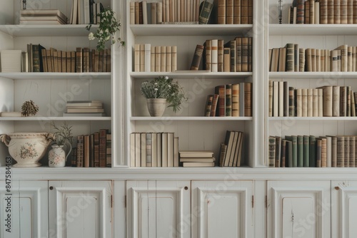 Brighton  England   August 03 2019  White wooden bookcase filled with books in a UK home setting