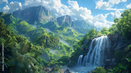 A majestic waterfall cascades down a lush green mountainside, surrounded by vibrant foliage and a clear blue sky.