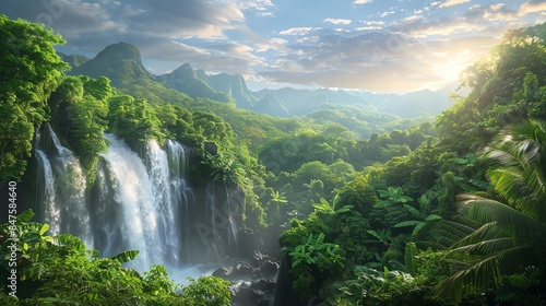 A majestic waterfall cascades through a lush tropical jungle, bathed in the warm glow of a setting sun.