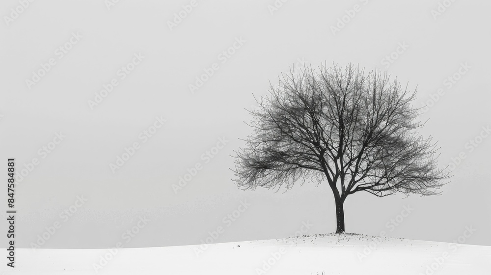 Minimalist line art of a solitary tree with bare branches against a monochrome winter landscape emphasizing the beauty of simplicity and the serene contemplative mood of the scene Minimalist line art of a solitary tree with bare branches against a monochrome winter landscape emphasizing the beauty of simplicity and the serene contemplative mood of the scene