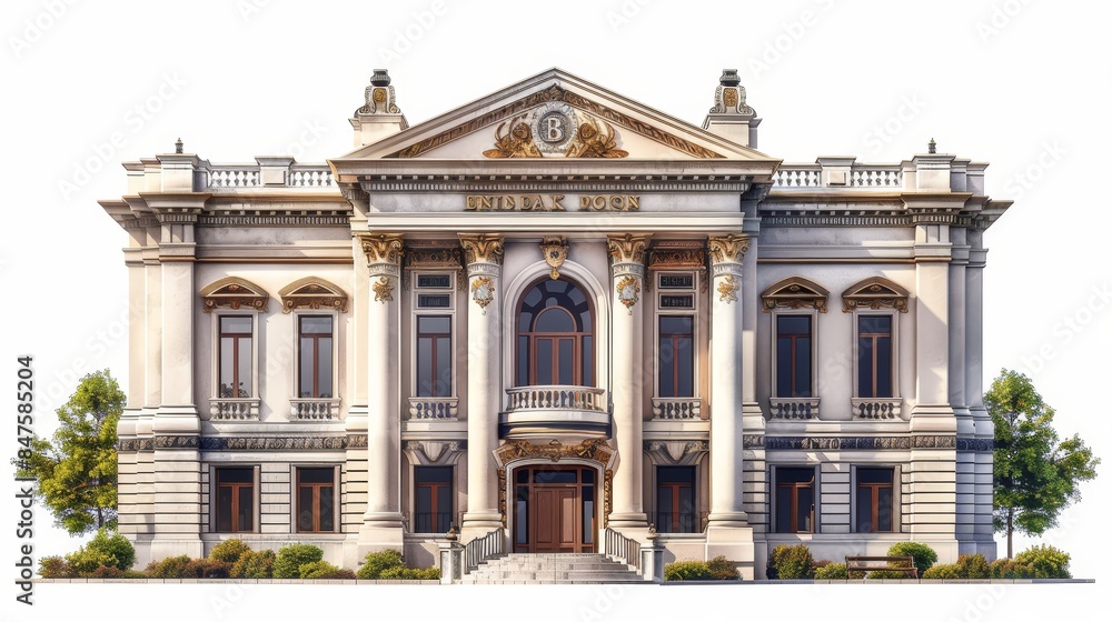 Fototapeta premium Bank building, 3D illustration, classical design, isolated on white background, vintage, detailed textures