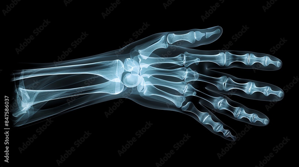 Naklejka premium Detailed Xray of human phalanges, focusing on finger bones, black background