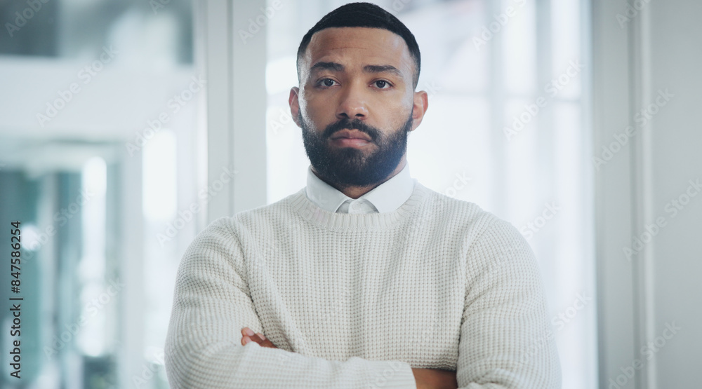 Businessman, portrait and serious with arms crossed in office for recruitment confidence and startup company. Human resources, employee and professional person with pride for hiring and about us Businessman, portrait and serious with arms crossed in office for recruitment confidence and startup company. Human resources, employee and professional person with pride for hiring and about us