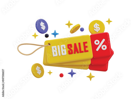 Big Sale tag with discount percentage icon 3d render concept of discount offer tag 3d icon