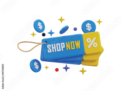 Shop now tag with discount percentage icon 3d render concept of discount offer tag 3d icon