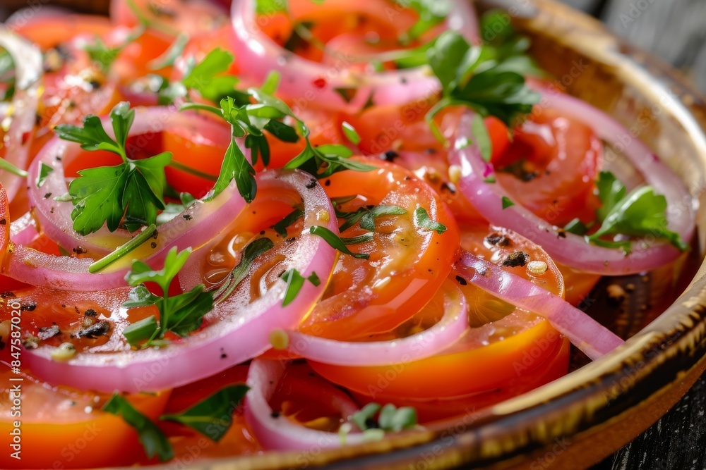 Tomato Salad with Red Onion on Rustic Background, Vegetable Salat with Sliced Tomatoes, Soft Cheese Tomato Salad with Red Onion on Rustic Background, Vegetable Salat with Sliced Tomatoes, Soft Cheese