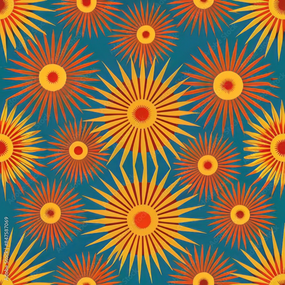 Seamless pattern of stylized sunbursts and radiating lines, Generative AI Seamless pattern of stylized sunbursts and radiating lines, Generative AI