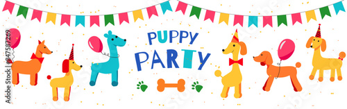 Greeting card "Dog party" with dogs in colorful hats.  An invitation to a puppy party.