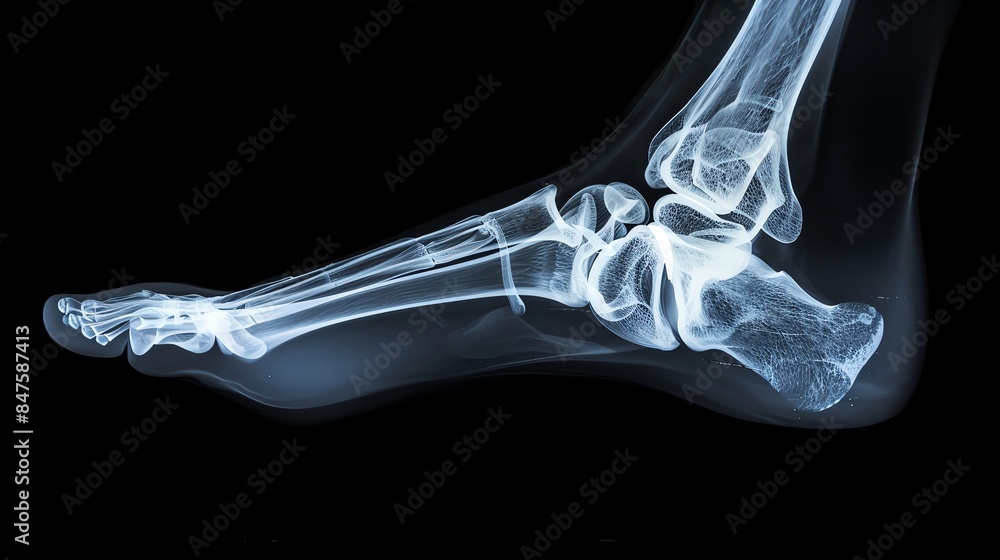 Xray image of the human ankle, showing bone alignment and joints, black background Xray image of the human ankle, showing bone alignment and joints, black background