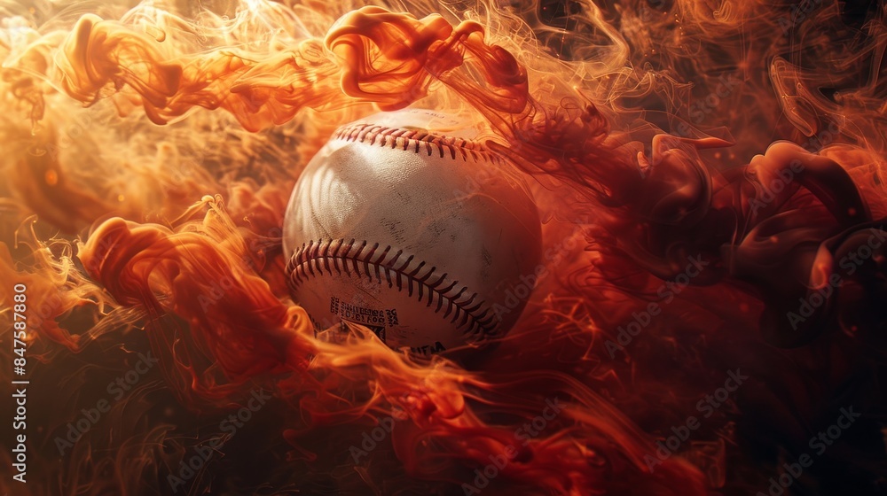 White baseball ball enveloped in swirling red and gold smoke, set against a deep dark background, highlighting the colors White baseball ball enveloped in swirling red and gold smoke, set against a deep dark background, highlighting the colors