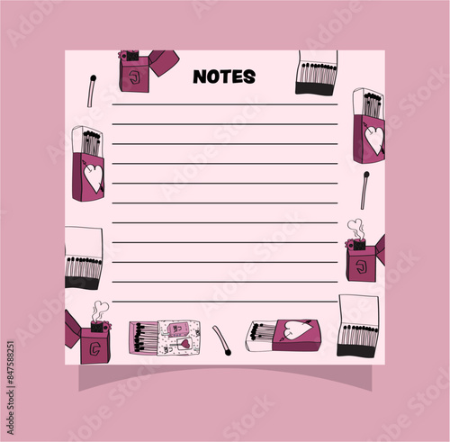 sticky note Memo pad notepad page design with Pink boho matchboxes.