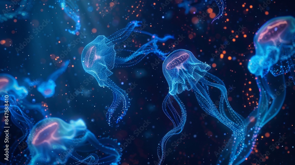 Obraz premium bioluminescent glowing deep ocean creatures abstract background