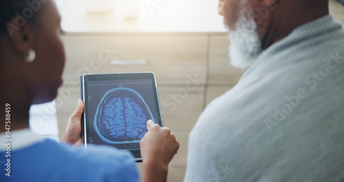 Картината върху платно Healthcare, tablet screen or brain scan by doctor with old man for medical, analysis or diagnosis