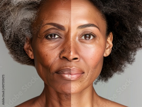 Woman's face split in half showing aging photo