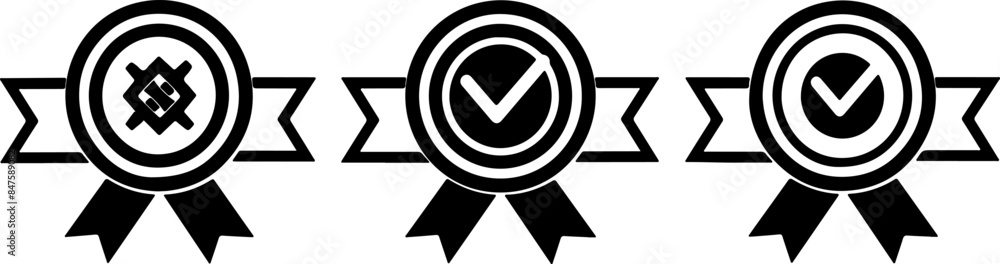 Three black icons of an award ribbon with a check mark on a white background Three black icons of an award ribbon with a check mark on a white background