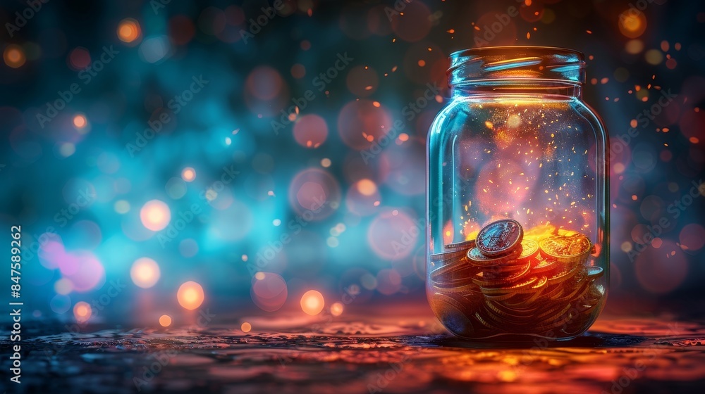 Savings jar, 3D illustration, transparent glass, isolated on white background, fantasy, glowing elements Savings jar, 3D illustration, transparent glass, isolated on white background, fantasy, glowing elements