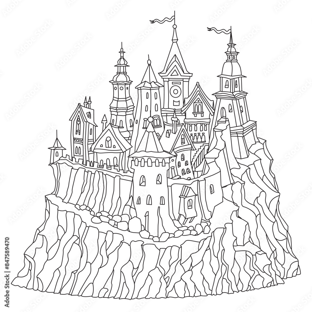 Fototapeta premium Fairy tale castle fortress. Hand drawn black and white architectural sketch for coloring book page