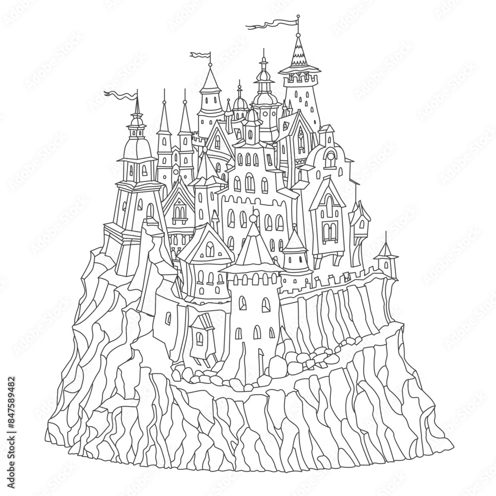Naklejka premium Fairy tale castle fortress. Hand drawn black and white architectural sketch for coloring book page