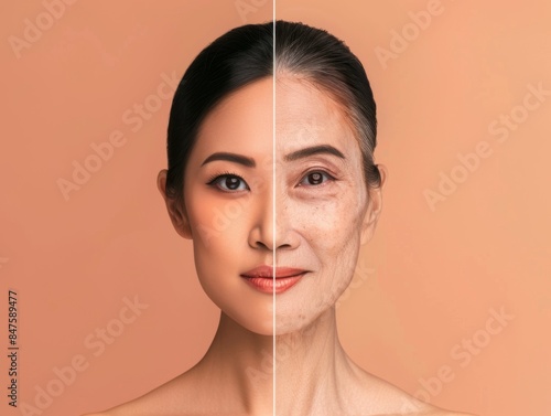 Woman's face divided, showing youth and aging