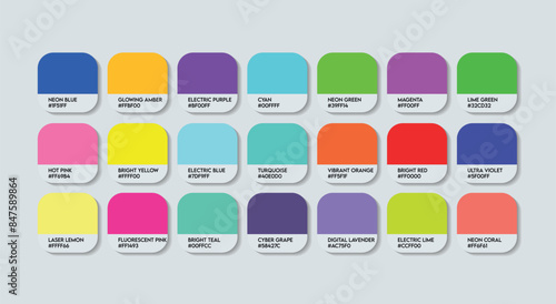 Cyber Color Palette, Cyber Color Guide Palette with Color Names. Catalog Samples of Cyber Colour with RGB HEX codes and Names. Color vivid Colors Palette Vector, Fashion Trend Nice Color Palette