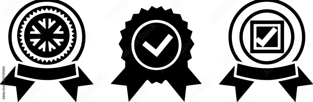 Three black icons of an award ribbon with a check mark on a white background Three black icons of an award ribbon with a check mark on a white background