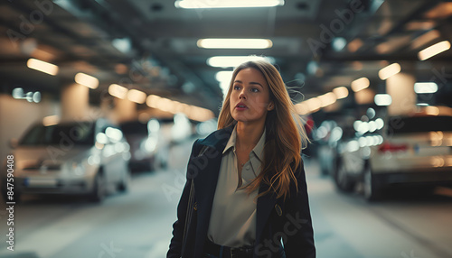 Young elegant business woman walking in the underground parking of a shopping center photo