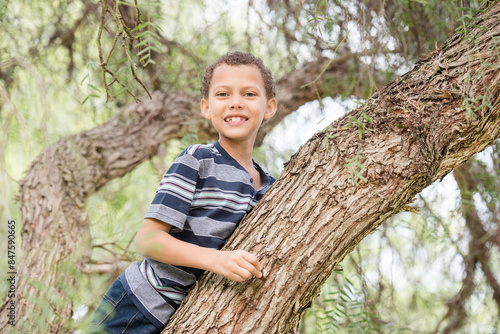 Photography Boy climbing tree and smiling into camera