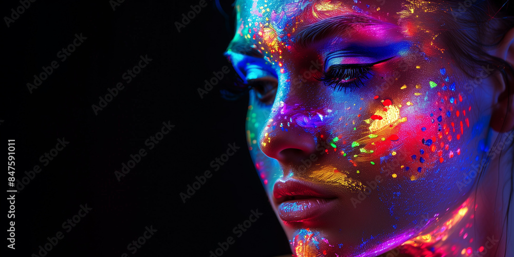 A striking portrait of a woman with vibrant neon paint splattered across her face in a dark setting A striking portrait of a woman with vibrant neon paint splattered across her face in a dark setting