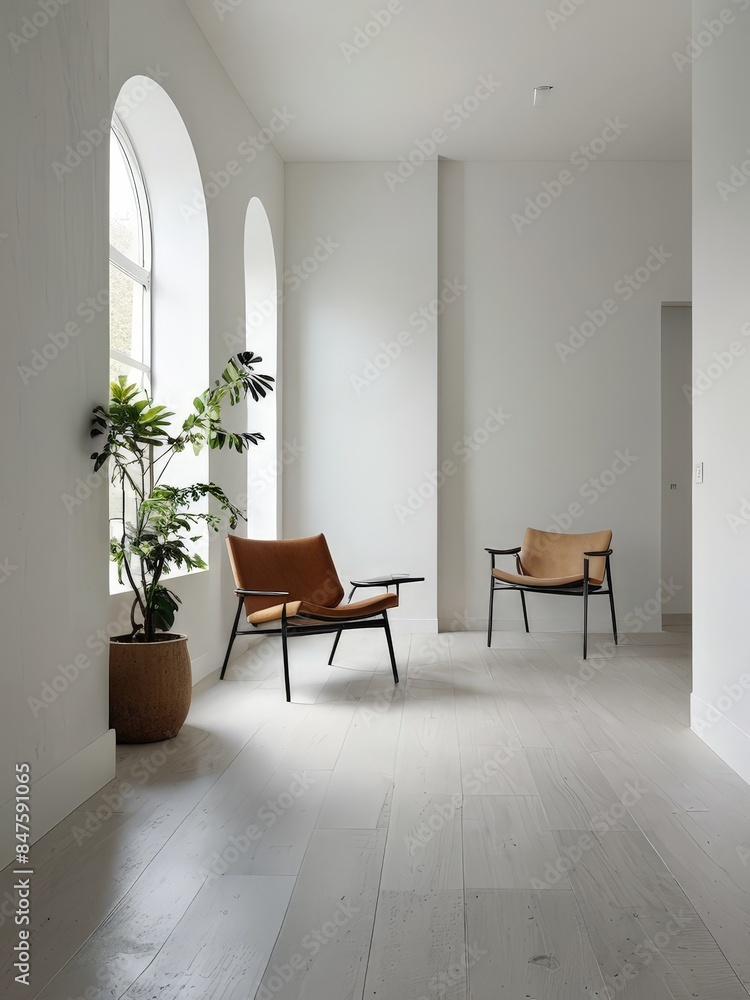 Fototapeta premium Minimalist Living Room Interior with Arched Windows and Leather Chairs.