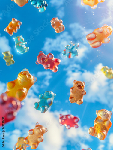 Upward view of floating gummy bears