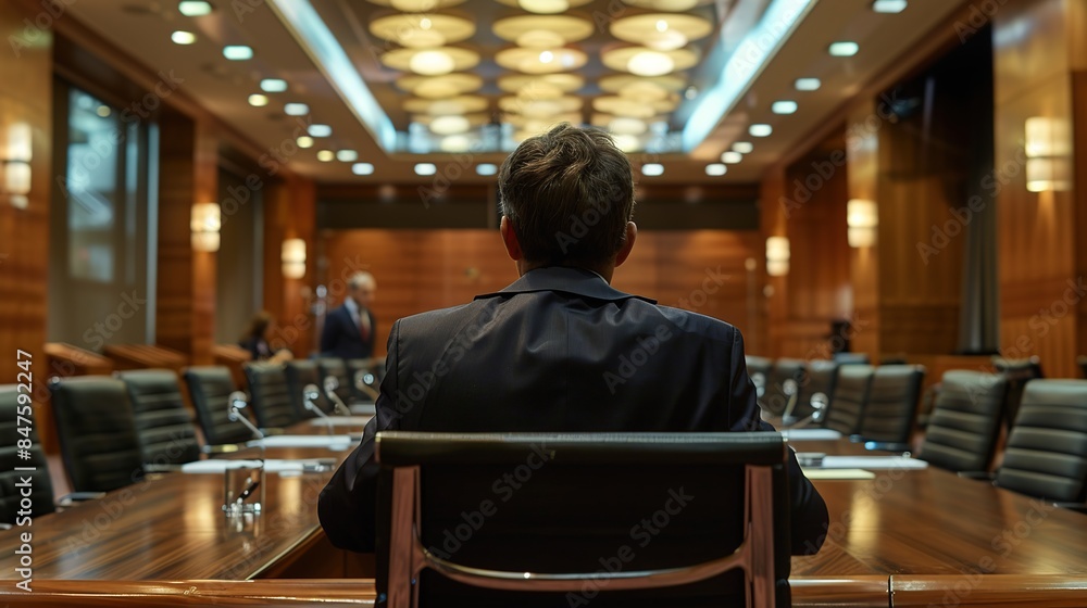 Man sits in a large conference room with a group of people. The room is well lit and has a professional atmosphere Man sits in a large conference room with a group of people. The room is well lit and has a professional atmosphere