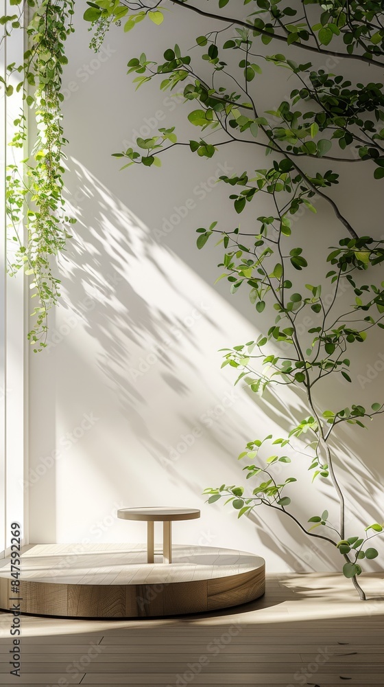 A room featuring a tree positioned in front of a window A room featuring a tree positioned in front of a window