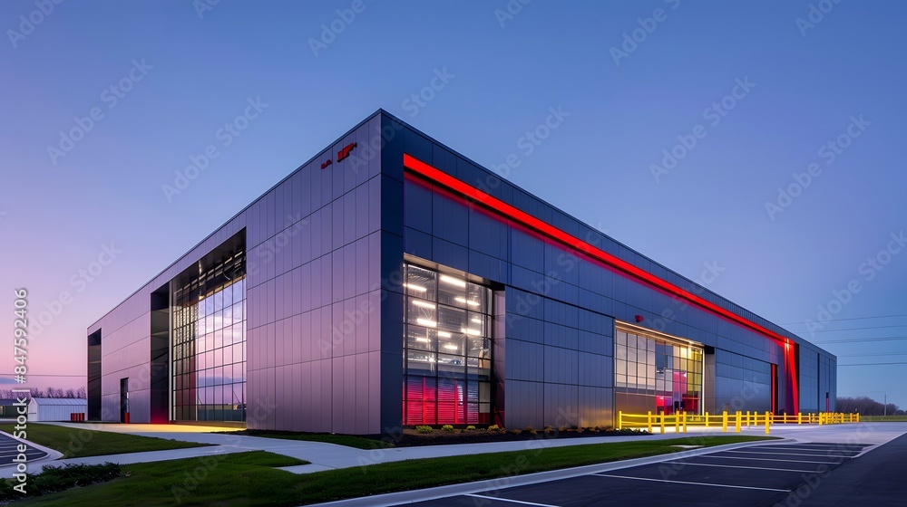 A modern hangar with LED lighting, illuminated by the setting sun, is located on an industrial site in the style of empire architecture. A modern hangar with LED lighting, illuminated by the setting sun, is located on an industrial site in the style of empire architecture.