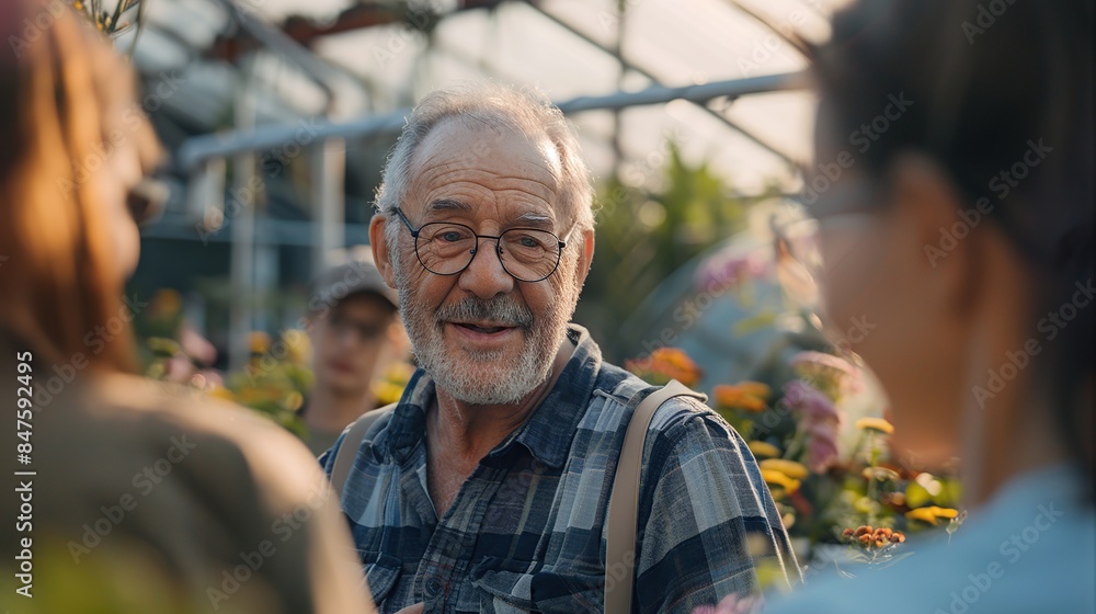 Man wearing glasses was smiling at a group of colleagues in the greenhouse. Man wearing glasses was smiling at a group of colleagues in the greenhouse.