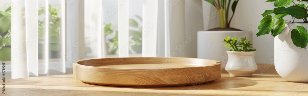 A wooden bowl rests on a table near a window, illuminated by natural light A wooden bowl rests on a table near a window, illuminated by natural light