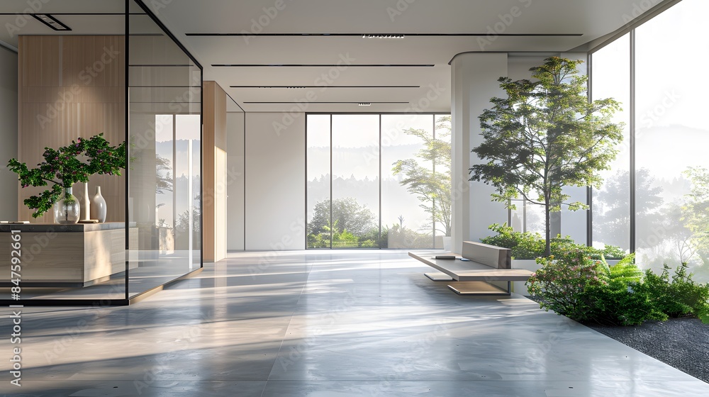 A modern office interior with glass walls, concrete floors and white ceilings. The room is empty of furniture but has plants in vases on the floor. A large window overlooks nature outside. A modern office interior with glass walls, concrete floors and white ceilings. The room is empty of furniture but has plants in vases on the floor. A large window overlooks nature outside.