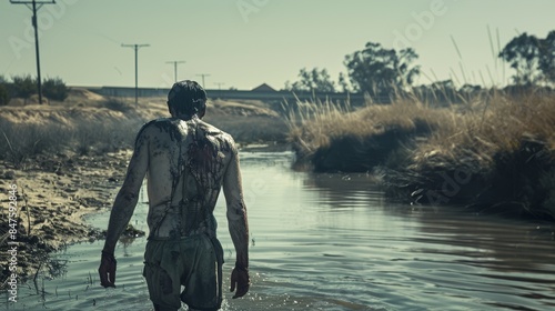 Primitive, mutated human wandering along a riverbank in the outback, rural road visible, desolate and raw environment