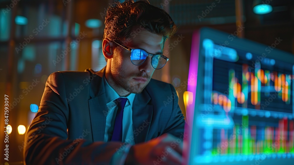 A man is working on a laptop in a dimly lit room. He is focused on the screen, which displays various graphs and data. The atmosphere of the image is serious and focused A man is working on a laptop in a dimly lit room. He is focused on the screen, which displays various graphs and data. The atmosphere of the image is serious and focused