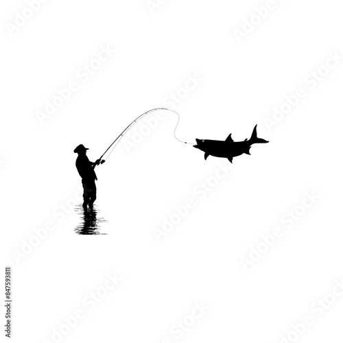 Silhouette of the Fisherman or Angler Catch Fish, can use for Art Illustration, Logo Gram, Sticker, or Graphic Design Element. Vector Illustration