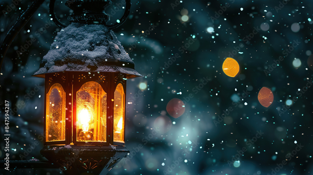 On a blurred background of a night city and falling snow, the light of a street lamp. Street lamp with a soft glow against the background of a blurred evening street, On a blurred background of a night city and falling snow, the light of a street lamp. Street lamp with a soft glow against the background of a blurred evening street,