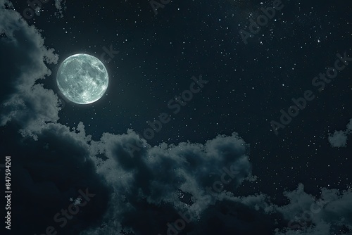 A full moon shines through the clouds in a dark sky at night