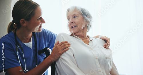Fotografía Elderly, woman and nurse for support in wheelchair with assisted living, rehabilitation and happy for assistance