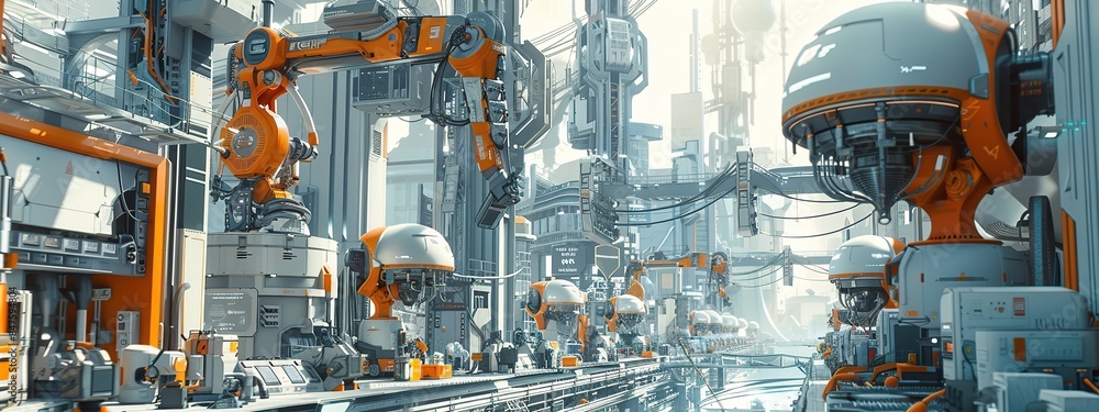 Futuristic industrial setting with robotic arms busy at work building a modern future city Futuristic industrial setting with robotic arms busy at work building a modern future city