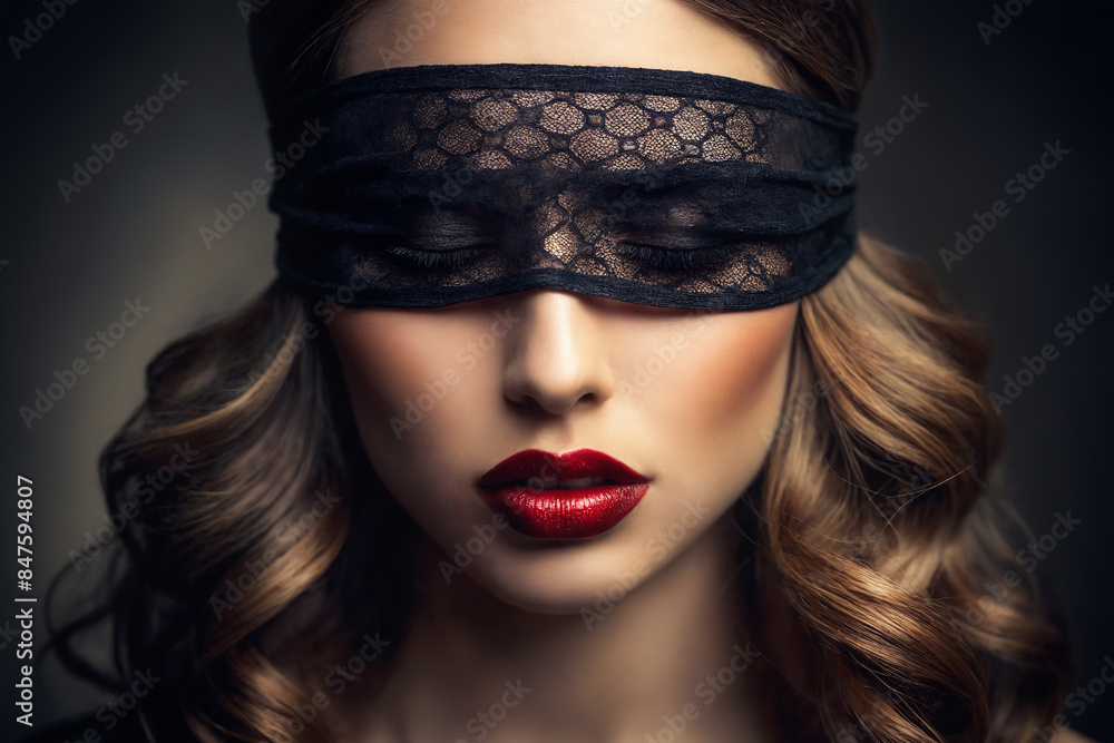 beautiful young woman in lace mask and red lips makeup beautiful young woman in lace mask and red lips makeup