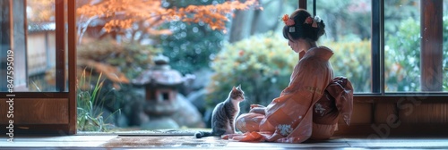 Traditional Japanese Women in Kimono with Cat, Geisha Stroking Cat, Generative AI Illustration photo