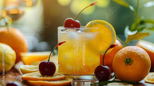 fresh drink to lemon, orange, cherry photo