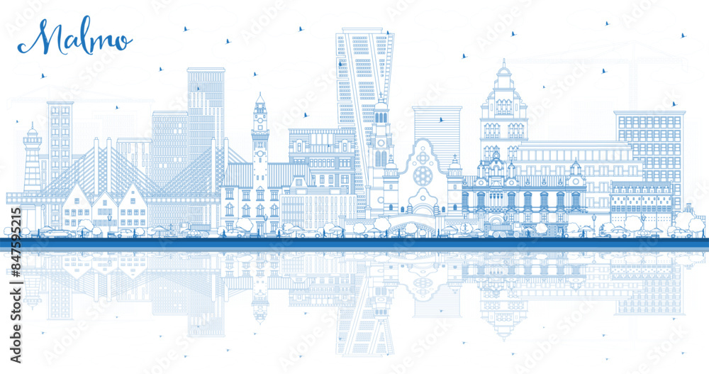 Outline Malmo Sweden City Skyline with Blue Buildings. Malmo Cityscape with Landmarks. Business Travel and Tourism Concept with Historic Architecture. Outline Malmo Sweden City Skyline with Blue Buildings. Malmo Cityscape with Landmarks. Business Travel and Tourism Concept with Historic Architecture.
